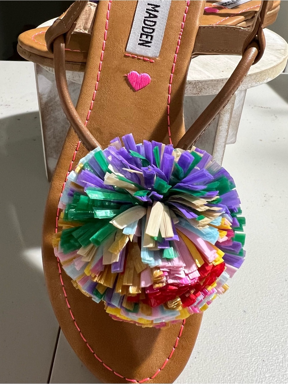 Steve Madden Kids Tan Sandal with Multicolor Pom Pom